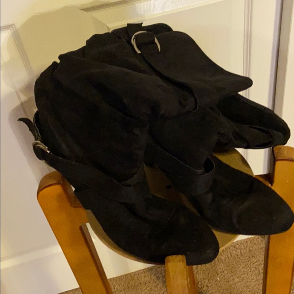 Women’s Belted High Heel Black Boots, size 10